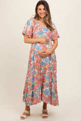 Mauve Floral Print Pocketed Maternity Midi Dress