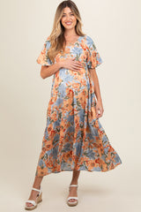 Light Blue Floral Print Pocketed Maternity Midi Dress