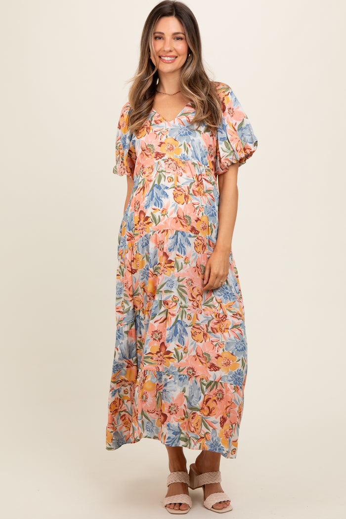 Peach Floral Print Pocketed Maternity Midi Dress