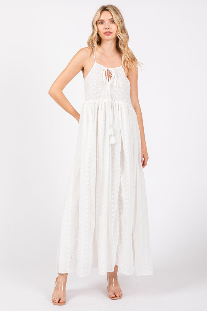 Ivory Embroidered Tassel Tie Maxi Dress