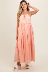 Light Pink Embroidered Tassel Tie Maternity Maxi Dress