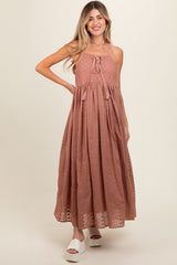 Mocha Embroidered Tassel Tie Maternity Maxi Dress