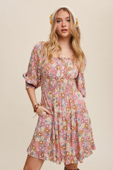 Pink Flower Print Square Neck And Puff Sleeve Dress