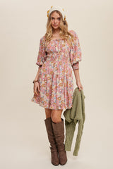 Pink Flower Print Square Neck And Puff Sleeve Dress