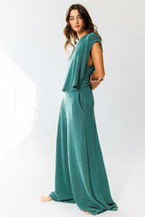 Hunter Green Open Front Wide Leg Textured Jumpsuit