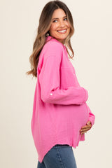 Pink Front Pocket Fringe Hem Button Up Maternity Shirt