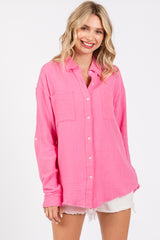 Pink Front Pocket Fringe Hem Button Up Shirt