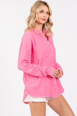 Pink Front Pocket Fringe Hem Button Up Shirt