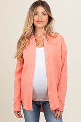Peach Front Pocket Fringe Hem Button Up Maternity Shirt