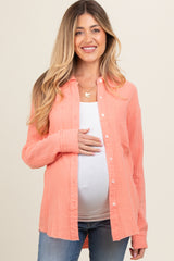 Peach Front Pocket Fringe Hem Button Up Maternity Shirt