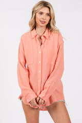 Peach Front Pocket Fringe Hem Button Up Shirt