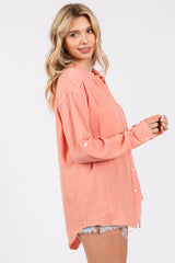 Peach Front Pocket Fringe Hem Button Up Shirt