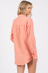 Peach Front Pocket Fringe Hem Button Up Shirt