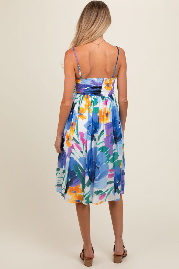 Blue Floral Smocked Chiffon Maternity Midi Dress