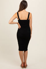 Black Mesh Ruched Bodycon Maternity Midi Dress