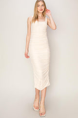 Cream Mesh Ruched Bodycon Maternity Midi Dress