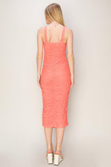 Salmon Mesh Ruched Bodycon Midi Dress