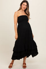 Black Smocked Ruffle Hem Tube Maternity Maxi Dress