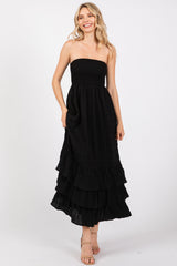 Black Smocked Ruffle Hem Tube Maternity Maxi Dress