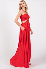 Red Smocked Drawstring Halter Side Cutout Jumpsuit