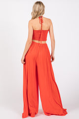 Orange Smocked Drawstring Halter Side Cutout Jumpsuit