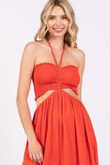 Orange Smocked Drawstring Halter Side Cutout Jumpsuit