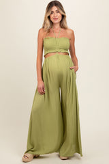 Lime Smocked Drawstring Halter Side Cutout Maternity Jumpsuit