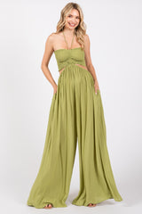 Lime Smocked Drawstring Halter Side Cutout Jumpsuit