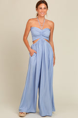 Light Blue Smocked Drawstring Halter Side Cutout Maternity Jumpsuit