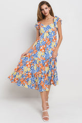 Light Blue Floral Printed Tiered Flutter Sleeve Dress