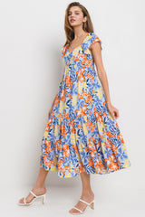 Light Blue Floral Printed Tiered Flutter Sleeve Dress