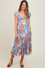 Light Blue Floral Printed Tiered Flutter Sleeve Maternity Dress