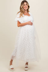 White Balloon Sleeve Embroidery Mesh Maternity Midi Dress