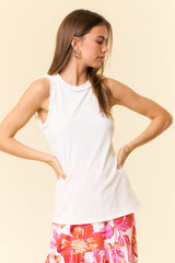 White Rib Knit Ruffle Trim Sleeveless Top