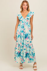 Teal Floral Ruffle Accent V-Neck Maternity Maxi Dress