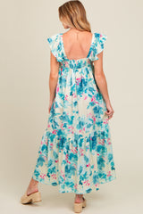 Teal Floral Ruffle Accent V-Neck Maternity Maxi Dress