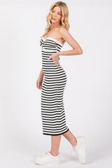 White Striped Knit Strapless Midi Dress