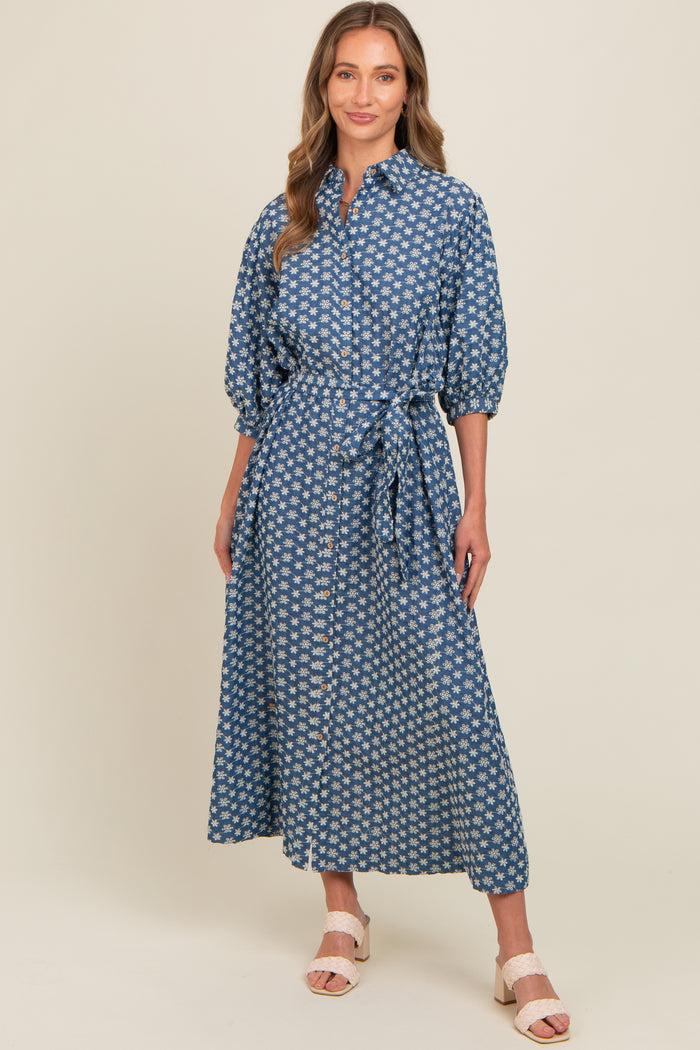 Navy Floral Embroidered Button Down Chambray Maternity Maxi Dress