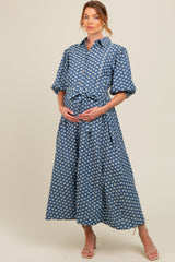 Navy Floral Embroidered Button Down Chambray Maternity Maxi Dress