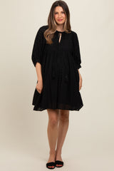 Black Floral Eyelet Puff Sleeve Maternity Dress