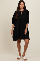 Black Floral Eyelet Puff Sleeve Maternity Dress