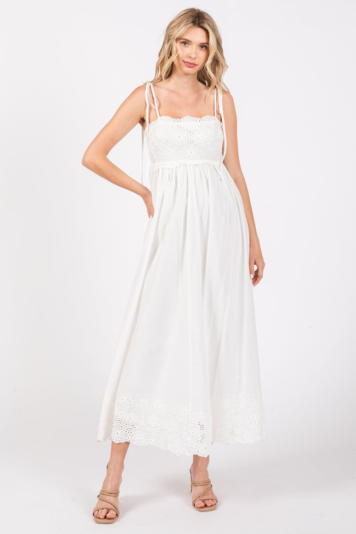 Ivory Eyelet Floral Shoulder Tie Maternity Dress