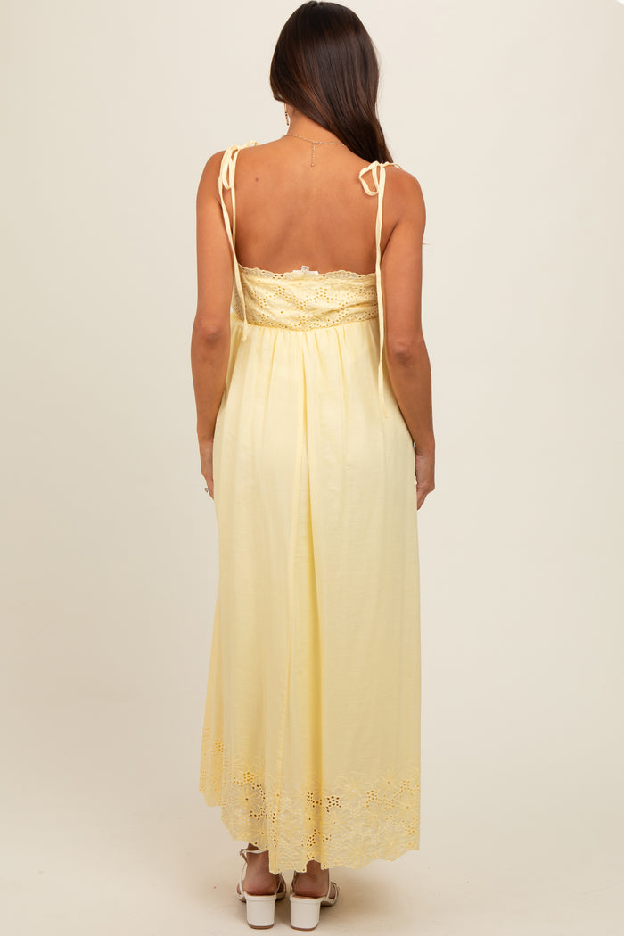 Yellow Eyelet Floral Shoulder Tie Maternity Dress