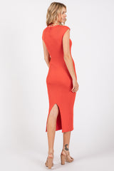 Orange Ribbed Cap Sleeve Midi Dress