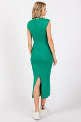 Green Ribbed Cap Sleeve Midi Dress