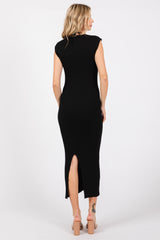 Black Ribbed Cap Sleeve Midi Dress