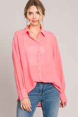 Coral Pink Sheer Button Down Maternity Blouse