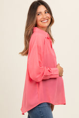 Coral Pink Sheer Button Down Maternity Blouse