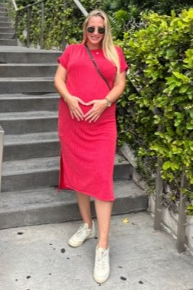 Red Ribbed Short Sleeve Maternity Midi Dress