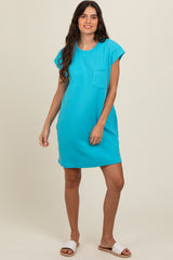 Aqua Front Pocket Line Textured Short Sleeve Maternity Dress